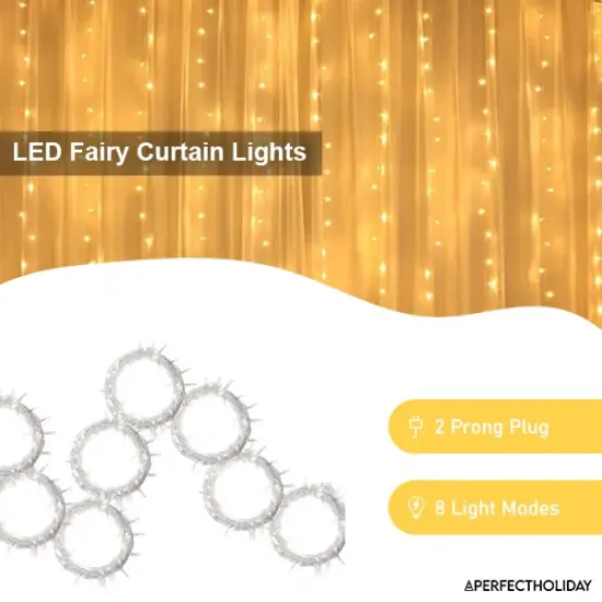 Perfect Holiday 200 LED Curtain String Lights Plug In - 8 Light Modes Warm white {2}
