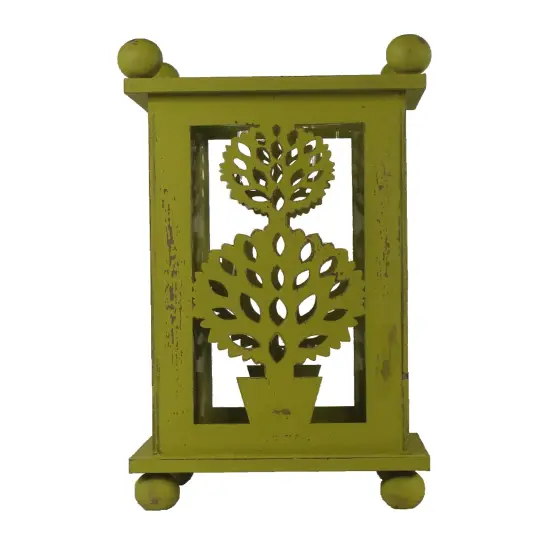 Melrose 12.5" Pistachio Green Distressed Double Ball Tree Cut-Out Pillar Candle Lantern {1}