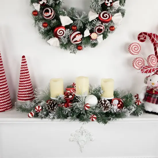 Northlight Triple Candle Holder with Flocked Pine and Christmas Ornaments - 32" - Red and White {3}