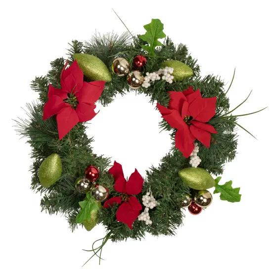 Northlight Decorated Red and Green Poinsettia and Pine Artificial Christmas Wreath, 24-inch, Unlit {1}