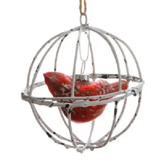 Allstate 4" Red and White Distressed Cardinal Wood Like Ball Cage Christmas Ornament {1}