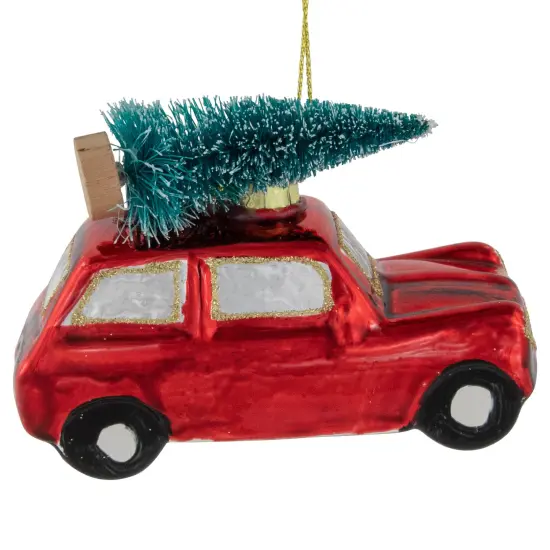 Northlight Station Wagon with Tree Glass Christmas Ornament - 3.5" - Red {1}