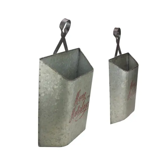 Melrose Set of 2 Gray and Red Home for the Holidays Weathered Christmas Wall Buckets 18" {3}