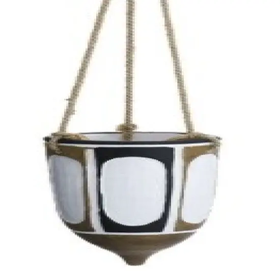 Allstate 14" White, Black and Brown Tribal Decorative Hanging Ceramic Planter with Rope {1}