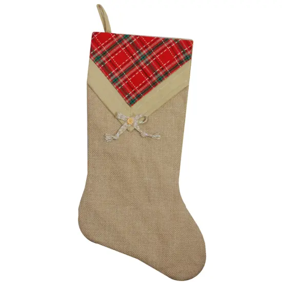 Northlight 20.5" Beige and Red Plaid V-Cuff Christmas Stocking {1}
