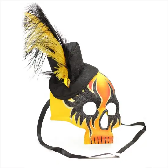 Gallerie II 14" Orange Yellow and Black Glam Rock Skull Faux Feathered Halloween Masquerade Mask {3}