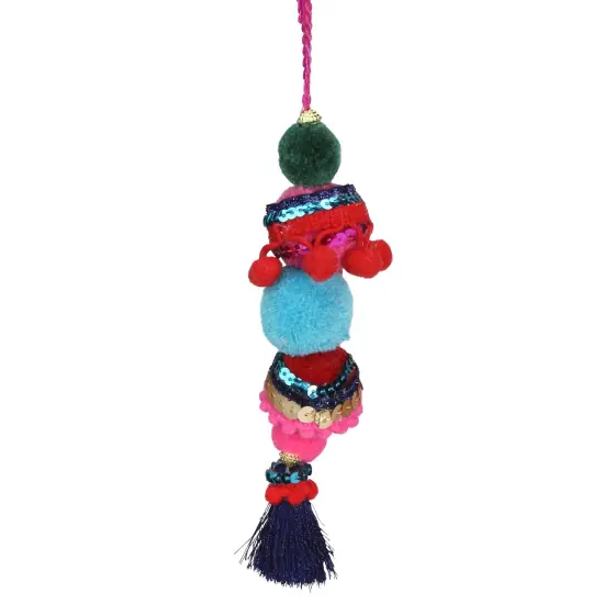 Northlight 6.25" Blue and Red Bohemian Christmas Pom Pom Ornament {3}