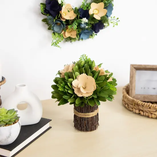 Northlight 9" Tan Poppy Wooden Flowers Standing Bouquet Bundle Green {3}