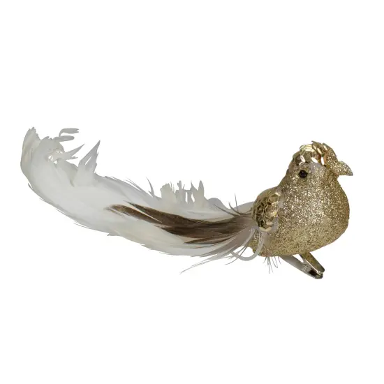 Northlight Sequins and Glitter Bird with Tail Clip On Christmas Ornament - 6" - Gold and White {1}