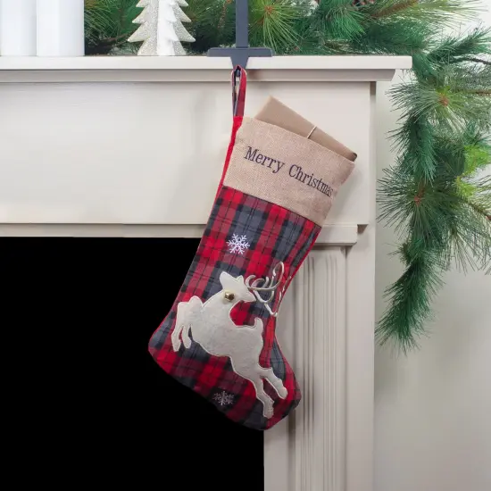 Northlight Plaid Merry Christmas Reindeer Stocking - 19" - Red and Green {3}