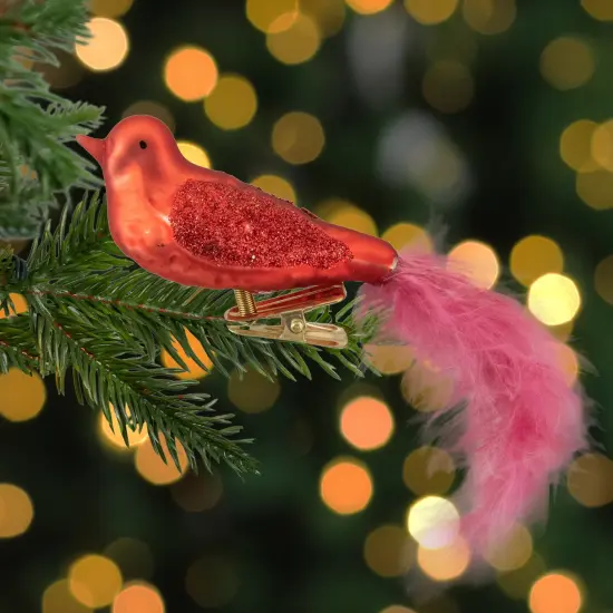 Northlight Glitter Winged Bird Clip On Glass Christmas Ornament - 5.5" - Orange Red and Pink {3}
