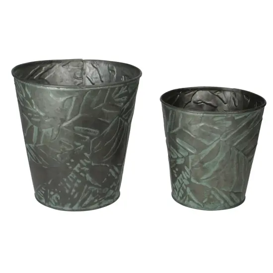 Allstate Set of 2 Patina Leaf Motif Planter Buckets 11" Green {1}