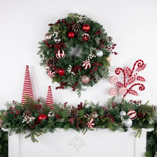 Northlight Pre-Decorated Ornaments and Pinecones Artificial Christmas Garland - 7' x 14" - Unlit Red {3}