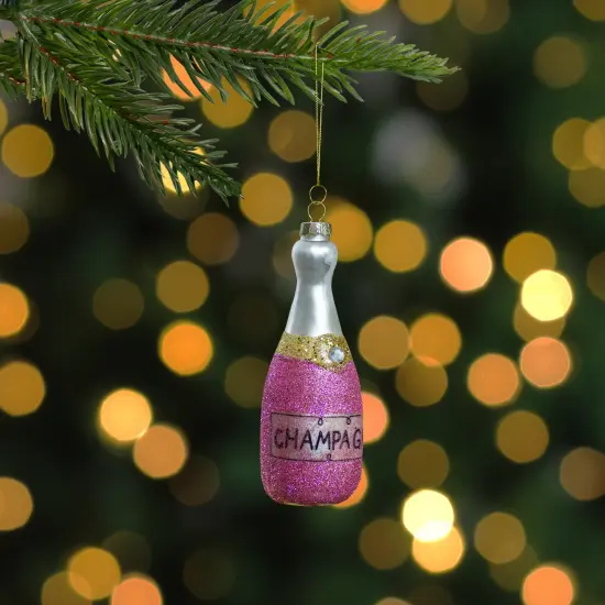 Northlight 5.25" Pink Glittered "CHEERS" Champagne Bottle Glass Christmas Ornament {3}