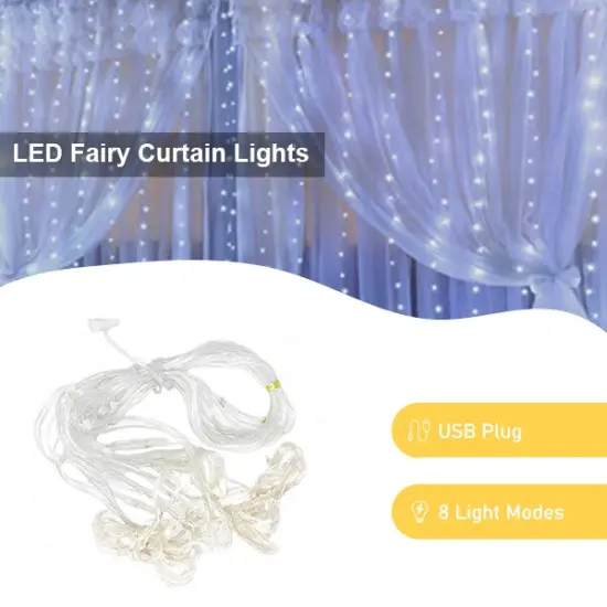 Perfect Holiday 300 LED USB Fairy Curtain Light With Remote - 8 Light Modes White {2}