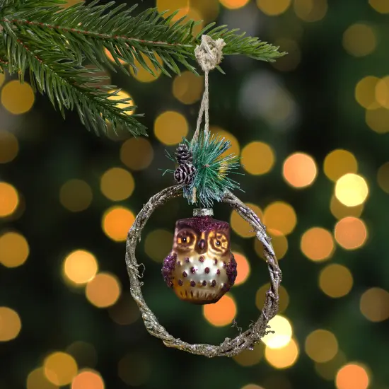 Northlight Glittered Owl in a Twig Wreath Glass Christmas Ornament - 5.25" -Brown {3}