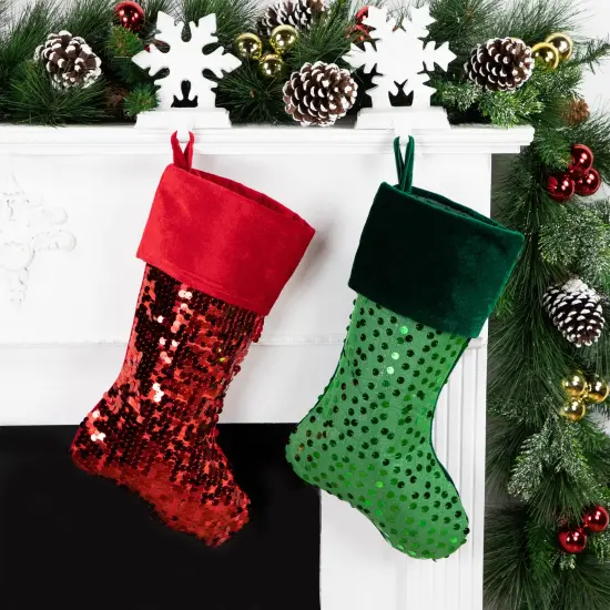 Northlight 20" Shiny Metallic Green Sequined Christmas Stocking with Velveteen Cuff {3}