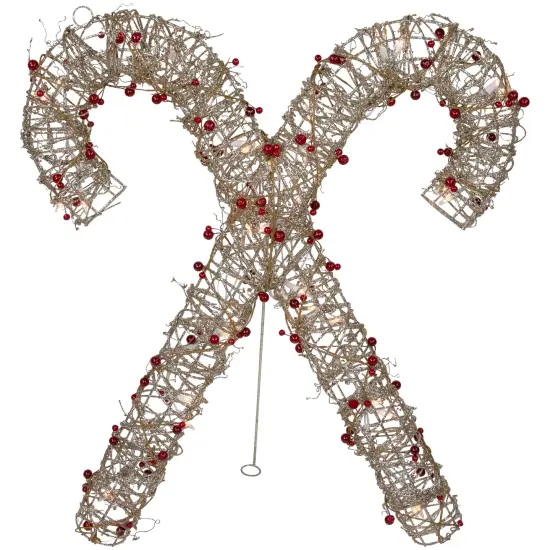 Northlight 25" Lighted Champagne Gold Glittered Rattan Double Candy Cane Christmas Outdoor or Window Decoration {3}