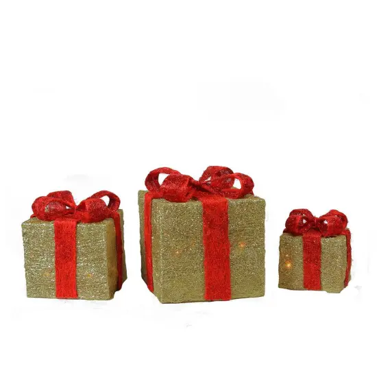 Northlight Set of 3 Lighted Gold and Red Gift Boxes Christmas Outdoor Decorations 10" {1}