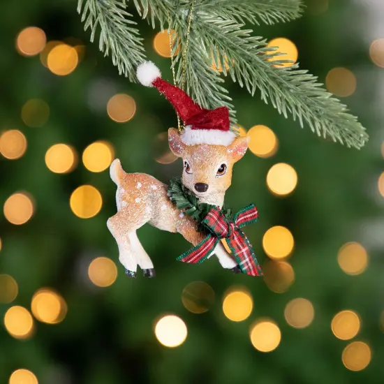 Northlight Fawn Reindeer Wearing Santa Hat Christmas Ornament - 3" - Brown and Red {3}
