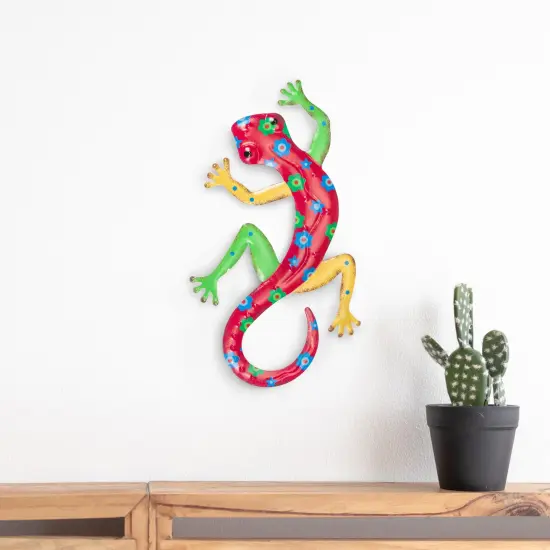 Northlight 11.75"Red Floral Metal Lizard Outdoor Wall Hanging {3}