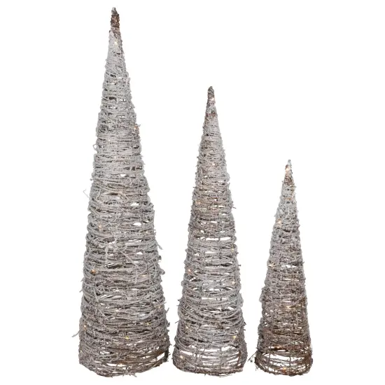 Northlight LED Lighted Snowy Rattan Christmas Cone Tree Decorations - 3.25' - Set of 3 Brown {1}