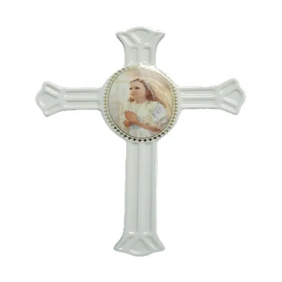 Roman Kathryn Fincher First Communion Girl Porcelain Wall Cross #13159 White {1}