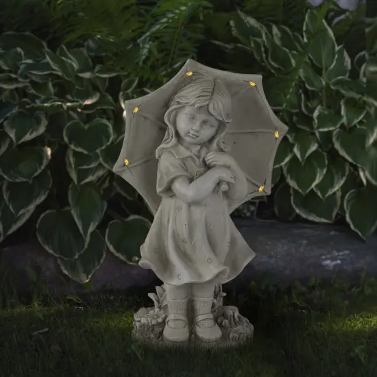 Northlight 18" Solar LED Lighted Girl with Umbrella Outdoor Garden Statue Gray {3}