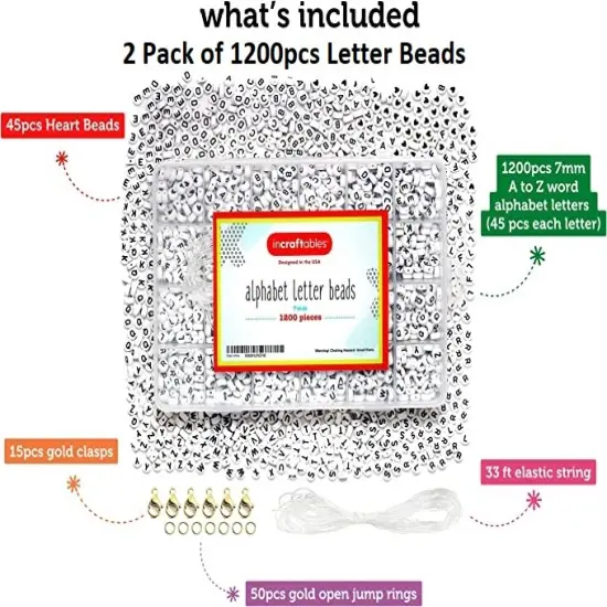 2 PACK - Incraftables 1200pcs Round Letter Beads for Jewelry Making (7mm). A-Z Letters Black Alphabet for DIY Friendship Bracelets & Crafts. ABC Circle & Heart Bead w/ Elastic String, Clasps & Organizer {2}