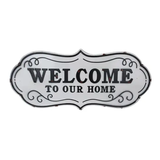 Melrose 26.5" White and Black Distressed "Welcome to Our Home" Wall Decoration {1}