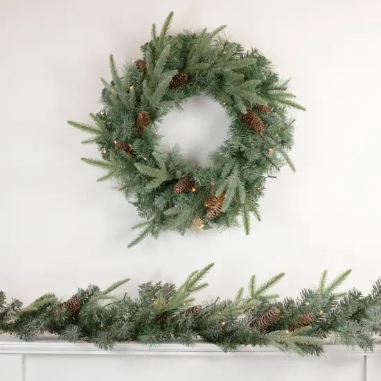 Northlight Pre-Lit Battery Operated Mixed Pine and Pine Cone Christmas Wreath - 24" - Warm White LED Lights Green {3}