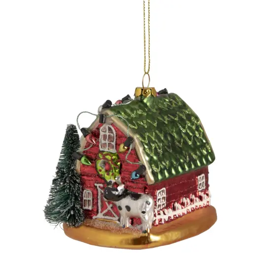 Northlight 3.5&rdquo; Red and Green Dairy Barn with Christmas Lights Glass Ornament {1}