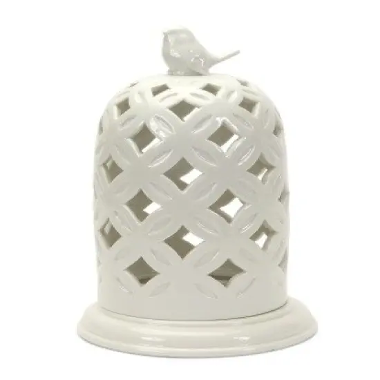 Melrose 10.5" White Garden Lattice with Bird Dome Decorative Pillar Candle Holder {1}