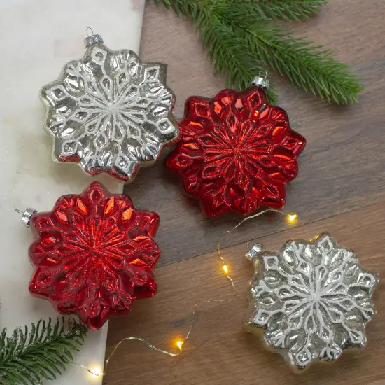 Northlight Glass Snowflake Christmas Ornaments - 3.75-Inch (100mm) - Red and Silver - 4ct {3}
