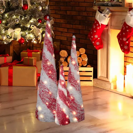 Northlight LED Lighted Snowy Candy Cane Striped Christmas Cone Trees - 3.25' - Set of 3 Red {3}