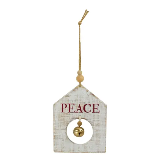 Northlight Rustic Wooden "Peace" with Bell Christmas Tag Ornament - 8" - Gold and White {1}