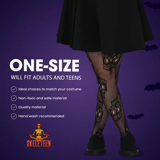 Black Fishnet Skull Tights - Gothic Day of the Dead Halloween Fish Net Pantyhose with Ripped Skeleton Sugar Skulls Stockings {6}