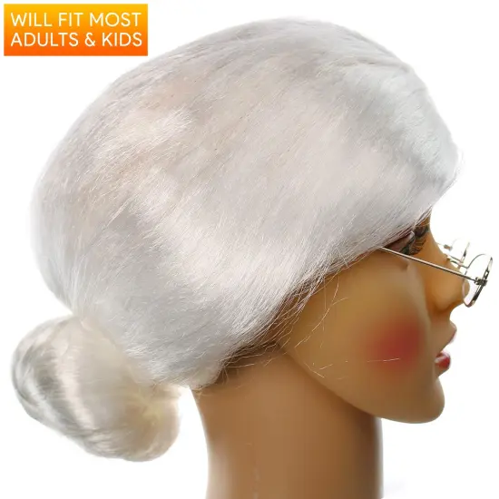 White Old Lady Wig - White Granny Costume Accessories Wig with Bun for Adults and Kids {2}