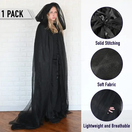 Black Hooded Tulle Cape - Long Chiffon Medieval Net Robe Vampire Bride Sheer Cloak Costume for Adults and Teens {6}