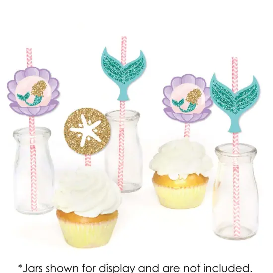 Big Dot of Happiness Let's Be Mermaids Paper Straw Decor - Baby Shower or Birthday Party Striped Decorative Straws - Set of 24 {6}