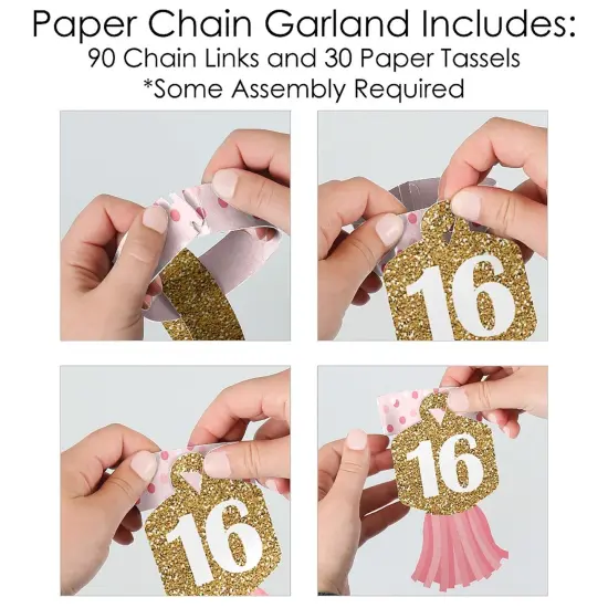 Big Dot of Happiness Sweet 16 - 90 Chain Links and 30 Paper Tassels Decoration Kit - 16th Birthday Party Paper Chains Garland - 21 feet {6}