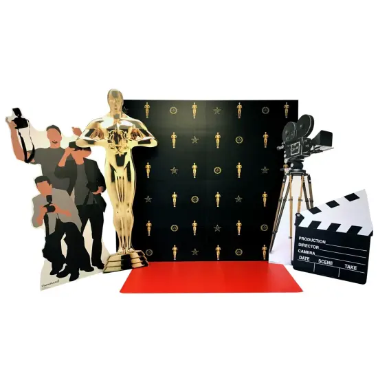 Hollywood Red Carpet Scene (Includes: Red Carpet Step and Repeat Backdrop DW, Roll out Red Carpet, Hollywood Camera, Paparazzi, Trophy and Film Clapper) {1}