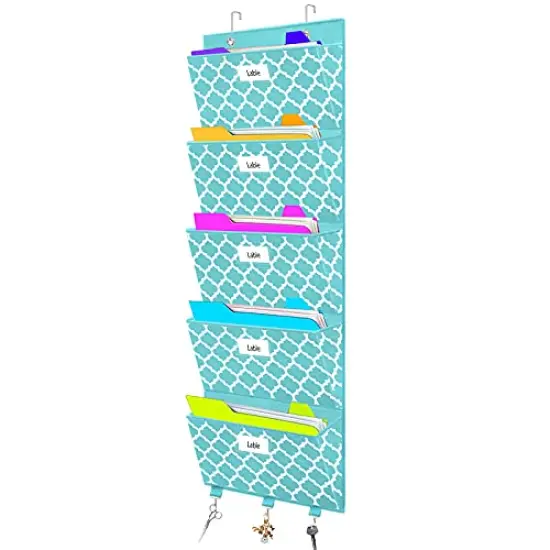 Hanging Wall Mounted Storage Holder Pocket Chart for Magazine, Notebooks, Planners, Mails, 5 Extra Large Pockets(Blue withLantern Pattern) {3}