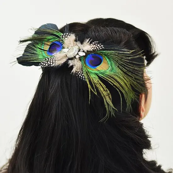Avanti Peacock Feather Bow Brooch/Hair Clip Accessory {2}