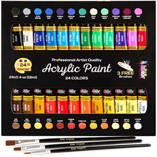 Acrylic Paint Set 24 Colors (0.41 oz, 12 ml) Paint Kit For Artists & Beginners Craft Paints for Paper,Canvas,Rock Painting,Wood,Ceramic & Fabric Vibrant -Non-Toxic including 3 paint brushes {3}