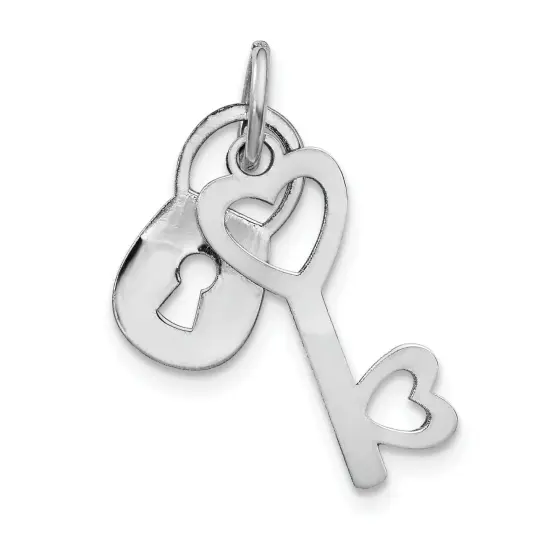 14K White Gold Polished Lock & Key Charm Pendant Jewerly 20mm x 7mm {1}