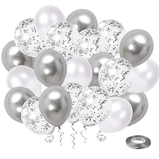 50 Pack 12 Inch White and Silver Confetti Latex Balloons - Silver Metallic Chrome Party Balloons with Silver Ribbon for Wedding, Birthday, and Baby Shower Decorations {2}