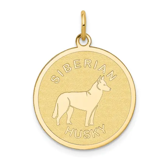 14K Yellow Gold Siberian Husky Disc Charm Dog Pendant Jewerly 26mm x 20mm {1}
