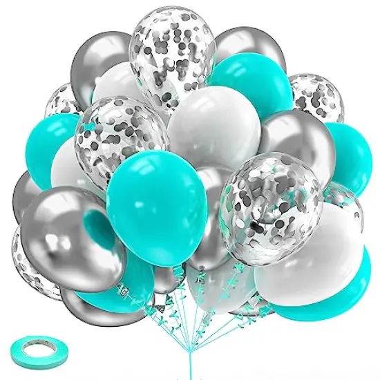 60pcs Teal Blue, Silver, and White Balloons - 12 Inch Turquoise and Silver Metallic Confetti Balloons Kit with Ribbons for Wedding, Bridal, Baby Shower, Birthday, Graduation, and Prom Party Decorations {2}