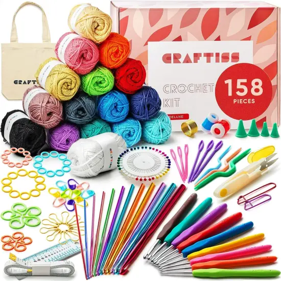 CRAFTISS Crochet Kit for Beginners, 158 Pieces with 16 Colors of Acrylic Yarn Skeins, 1300 Yards Total &ndash; Learn to Crochet All-in-One Starter Crochet Set for Adults Beginner {1}